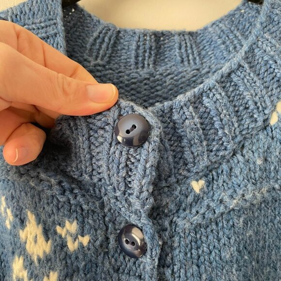 Handmade Cardigan Knit Sweater Button Front Snowflake Print Casual Blue Medium - Picture 6 of 6